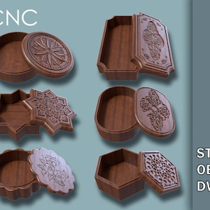 May include: Four wooden boxes with intricate carved designs on the lids. The boxes are open and the lids are lying next to them. The boxes are made of dark wood and have a natural finish. The designs on the lids are all different and feature geometric patterns and floral motifs. The boxes are labelled with the letters "CNC", "STL", "OBJ", and "DWG".