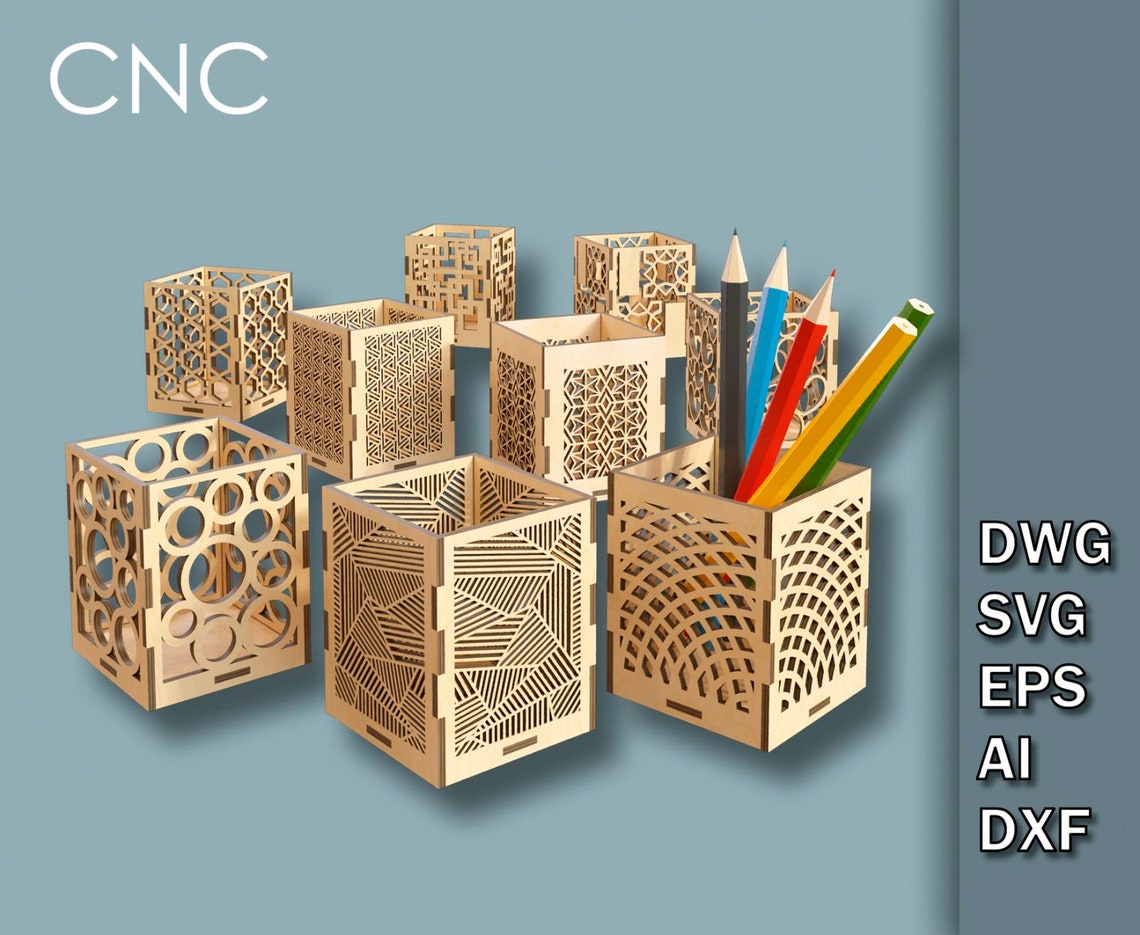 Pencil Holder Box Svg CNC Laser Cutting Files Pen and Pencil Etsy