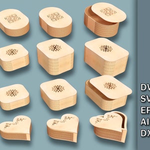 May include: A set of nine laser cut wooden boxes with intricate designs. The boxes are in various shapes, including square, rectangular, and heart. The boxes are made of light brown wood and have a natural finish.