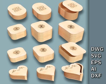 Living hinge box, Flexible vector files for laser cutting, 12 boxes with lids in different sizes, CNC laser cut file, dwg, svg, eps, ai, dxf