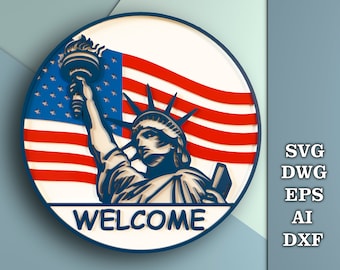 Door sign Welcome SVG, Welcome round sign for Independence Day, Welcome door hanger svg, Рatriotic sign digital files, CNC laser cut file