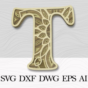 Lettre multicouche T, Art mural en couches, DXF Alphabet Lettre T, Lettre mandala découpée au laser, Alphabet SVG, Lettres 3D, Décor mural multicouche