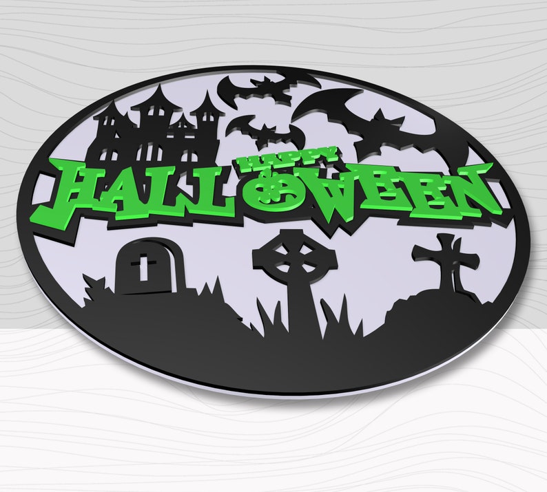 May include: Black and green Halloween sign with a haunted house, bats, a graveyard, and the text "Happy Halloween".