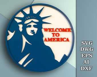 Welcome to America svg, Patriotic round sign, Door hanger front door, Independence Day porch sign svg, Сnc laser cut file, Digital files svg