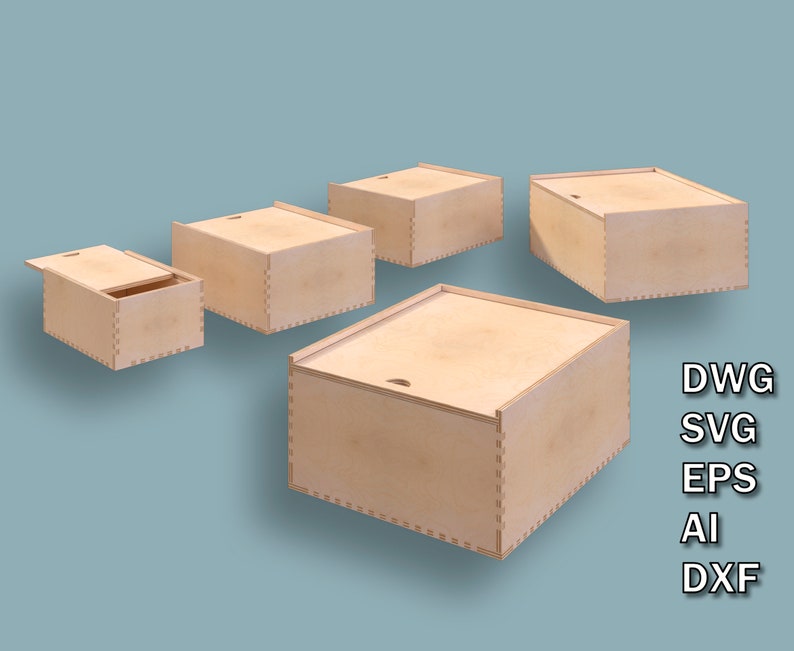 Zestaw pudełek z przesuwaną pokrywą, 5 pudełek ze sklejki o różnych rozmiarach, pliki do cięcia laserowego CNC, DWG, SVG, EPS, Ai, Dxf, Instant Download zdjęcie 3