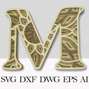 Lettre en couches М, Lettre de décor mural 3D, Lettre de mandala découpée au laser, Décor mural multicouche, Alphabet SVG, Art mural en couches, Fichier numérique