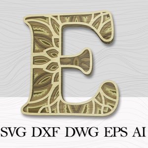 Multilayer Letter Е,  Digital file, Wall Art Layered,  DXF Alphabet Letter Е,  Laser Cut Mandala Letter,  Alphabet SVG,  3D letters