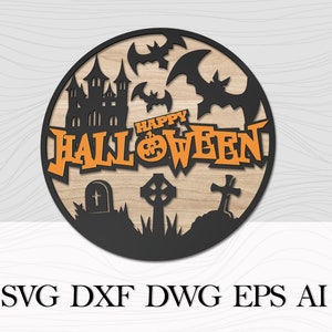 May include: A black and orange Halloween-themed SVG cut file design featuring a spooky castle, bats, a pumpkin, and the text "Happy Halloween".