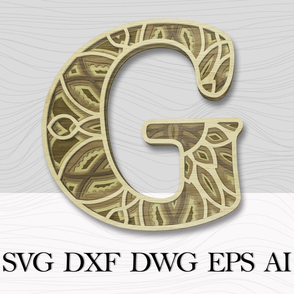 Layered Letter G,  SVG Alphabet,  3D Letters, Digital file for cnc laser cutting machine, Layered wall art, Multilayer mandala Letter