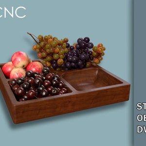 May include: A wooden serving tray with three compartments, filled with red apples, dark cherries, and green grapes. The tray is made of dark wood and has a natural grain pattern.