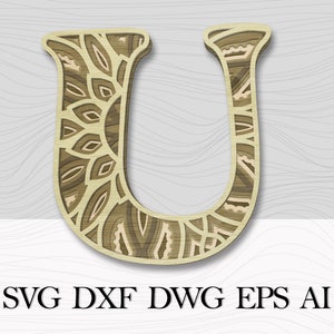 Lettre U en couches, Alphabet SVG, Lettres 3D, Lettre de mandala multicouche U, Lettres d’alphabet pour mur, Lettre de mandala, Lettre de décor mural 3D