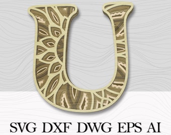 Layered Letter U,  SVG Alphabet,  3D Letters, Multilayer mandala Letter U, Alphabet letters for wall, Mandala Letter, Wall decor letter 3D