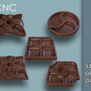 May include: Five wooden serving trays with different shapes and compartment configurations. The trays are made of dark brown wood and have a smooth finish. The text "CNC" and "STL OBJ DWG" are visible in the image.