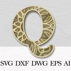 Lettre multicouche Q, Wall Art Layered, DXF Alphabet Letter Q, Laser Cut Mandala Letter, Alphabet SVG, lettres 3D, décor mural multicouche