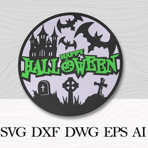 May include: A black and green Halloween-themed design with a spooky castle, bats, crosses, and a tombstone. The text "Happy Halloween" is written in green letters.