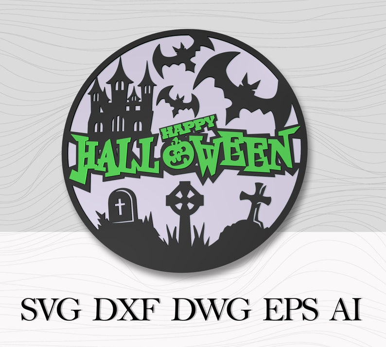 May include: A black and green Halloween-themed design with a spooky castle, bats, crosses, and a tombstone. The text "Happy Halloween" is written in green letters.