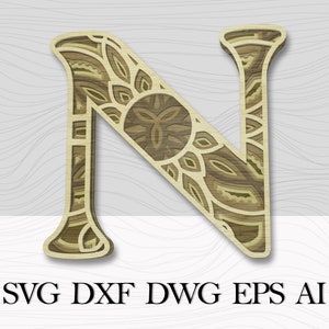Lettre en couches N, Alphabet SVG, Lettres 3D, Lettre N de mandala multicouche, Lettres d’alphabet pour mur, Lettre de mandala, Lettre de décor mural 3D