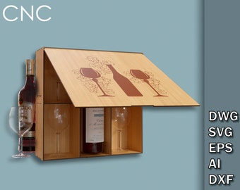 May include: Wooden wine box with a hinged lid, featuring etched wine glasses and a bottle design. The box holds a wine bottle and two wine glasses. A bottle of wine and a wine glass are visible on the left side. The word "CNC" is in the upper left corner.