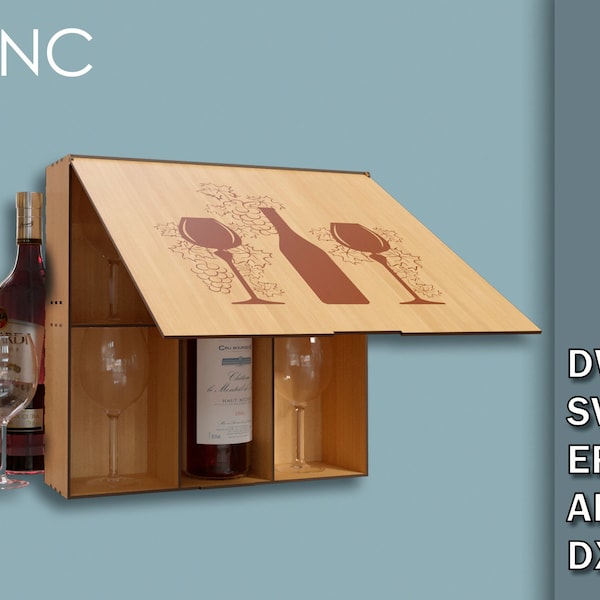 Box for wine bottle and wine glasses, Wine Box Plans, CNC Laser Cutting Files, Dwg Svg Eps Ai Dxf Wooden Wine Bottle Box, DIY gift box