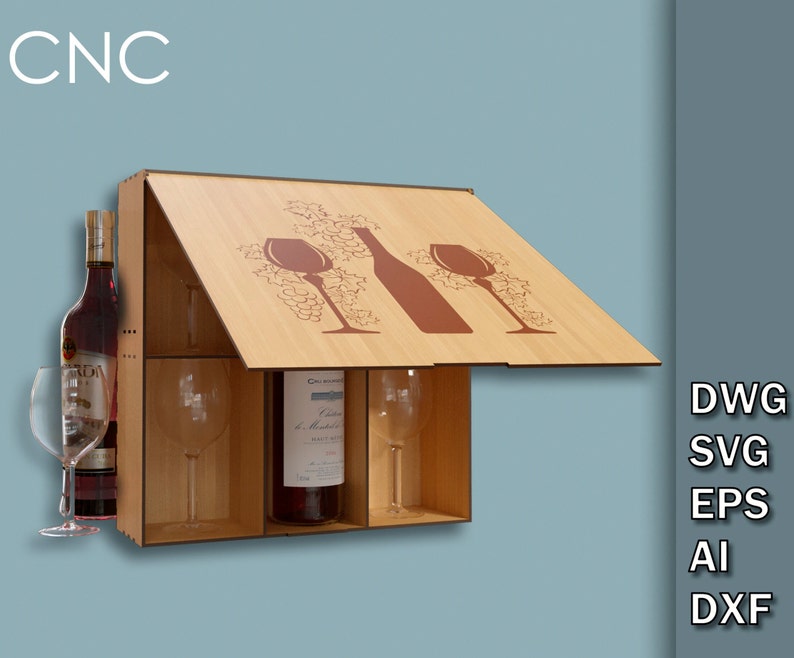 Pudełko na butelkę wina i kieliszki do wina, plany skrzynki na wino, pliki do cięcia laserowego CNC, DWG SVG Eps Ai Dxf drewniane pudełko na butelkę wina, pudełko na prezent dla majsterkowiczów zdjęcie 1
