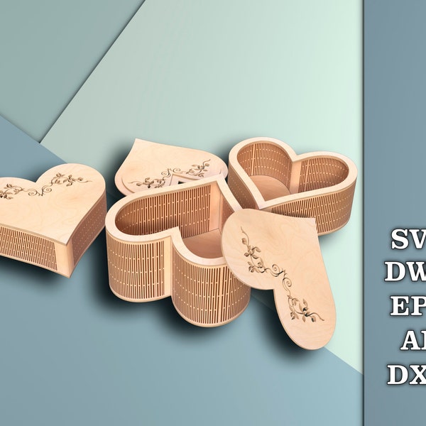 3 different sized heart shaped boxes, Wedding engagement ring box, Living hinge box, Flexible vector files for laser cut, Dwg, Svg, Eps, Dxf