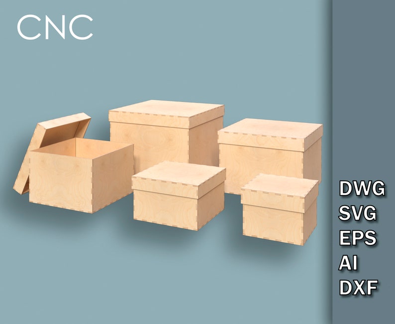 Boîte carrée avec couvercle / 5 boîtes de différentes tailles / Storage Box Bundle / Dwg, Svg, Eps, Ai, Dxf / Fichiers de découpe laser CNC / Téléchargement instantané image 2