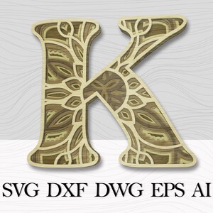 Lettre multicouche К, Fichier numérique, Wall Art Layered, DXF Alphabet Letter К, Laser Cut Mandala Letter, Alphabet SVG, Lettres 3D