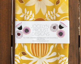 Jocelyn Proust Designer Tea Towel, Mustard Banksia Design