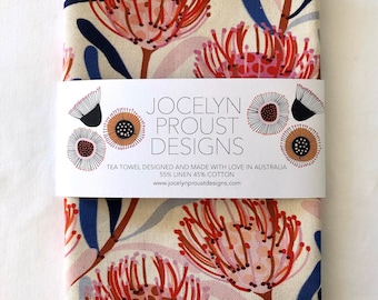 Designer Tea Towel Pin Cushion Protea Design On Natural by Jocelyn Proust