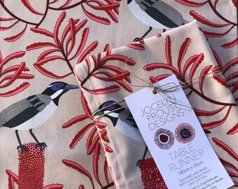 Australian Birds Tablerunner, Banksia and Honeyeater Print, Jocelyn Proust Designer Fabric