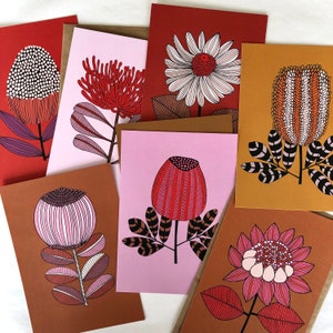 Postales/impresiones de diseño de flora australiana. 100% reciclado. Juego de 12 con sobres. Diseñado por Jocelyn Proust.