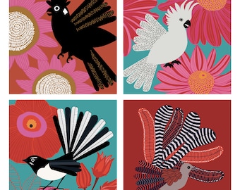 Australian Birds Square Greeting Cards 100% recycled. Set of 4 with envelopes.  Designed by Jocelyn Proust