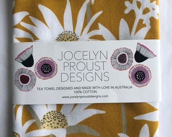 Jocelyn Proust Designer Tea Towel, Australian Native Flannel Flower on Mustard