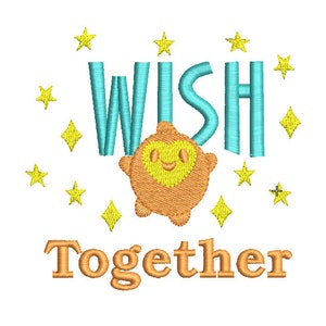 Op de afbeelding: Borduurwerk met de woorden "WISH TOGETHER" in oranje, omringd door gele sterren en een schattig oranje figuurtje met een geel hart en een glimlach.