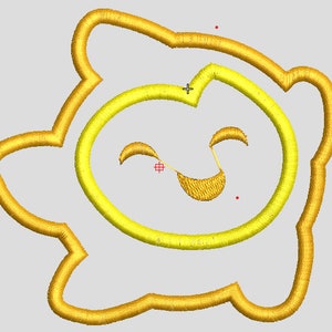 Op de afbeelding: Een gele zon met een glimlachend gezicht. De zon heeft een eenvoudig, cartoonachtig ontwerp.