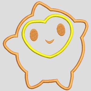 Op de afbeelding: Een cartoonachtige illustratie van een geel en oranje wezen met een hartvormig gezicht en een brede glimlach. Het wezen heeft twee grote ogen en een kleine mond.