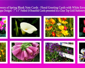 The Flowers of Spring Blank Note Cards - Floral Greeting Cards with White Envelopes -  8 Unique Designs - 7” x 5” Folded