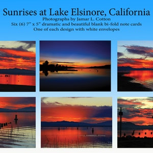 Amaneceres en Lake Elsinore, California. Una colección de tarjetas de notas de seis (6) escénicas en blanco y bidoblones con sobres blancos. (7" x 5")