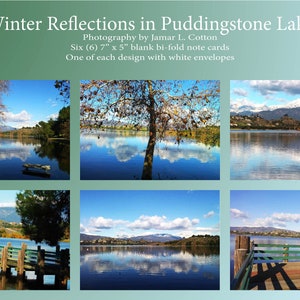 Winter reflecties in Puddingstone Lake. Een Southern California Six (6) Scenic Blank, Bi-fold Note Card Collection met witte enveloppen.