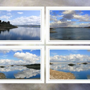 Meren van het Inland Empire - Lake Mathews. Een Set van vier Notitiekaarten voor wie houdt van wolken, meren en reflecties