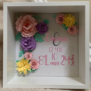 Custom and personalized shadow box with paper flowers