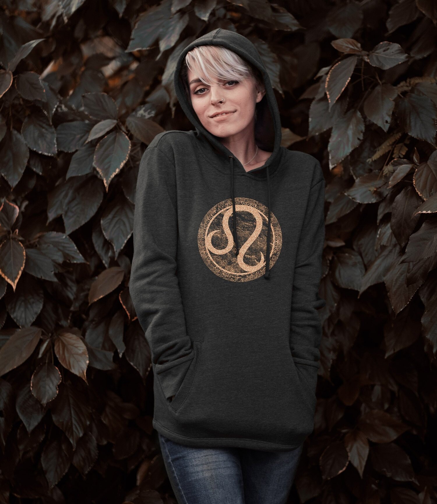 Leo Hoodie. Fitted Ultrasoft Woman's Hoodie. Heather Black with Metallic Gold Ink.  Buy Any 2 Items Get 1 Free Tshirt