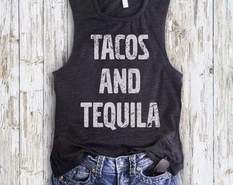 Buy 2, Get 1 FREE Tshirt Tacos And Tequila Women&#39;s Muscle Tank in Charcoal Triblend