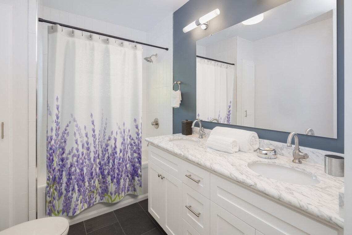 Lavender Flowers Border Fabric Shower Curtain Custom