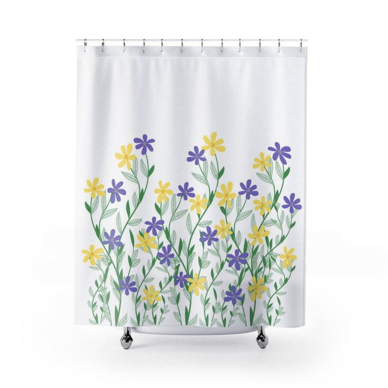 Yellow and Periwinkle Flower Garden Fabric Shower Curtain ...