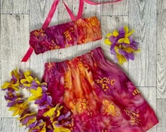 Luau Style! A Batik print midi skirt, crop top, floral head piece and floral ankle bracelet, pink, purple, yellow, lei, fits 18" size dolls