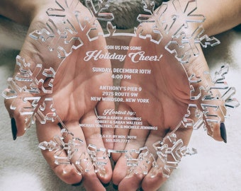 Clear Acrylic Snowflake Wedding Event Invitations | Elegant Lucite Invite | Laser Engraved | Custom Made | Transparent Winter Frozen theme