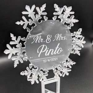 Elegant Frosted Edges Acrylic Snowflake Cake Topper, Winter Wonderland Wedding, Birthday, Frozen Party, Personalized, Clear Center, Engraved image 8