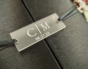 Custom Acrylic Wedding Invitation Belly Band Tag: Laser Engraved Charm, Engraved Lucite Charms, Wedding Tags, Custom made and Designed