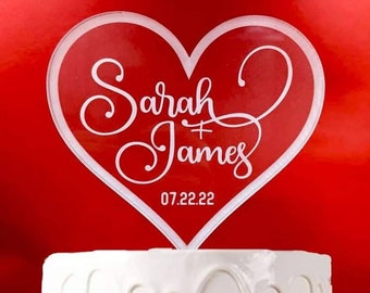Engraved Frosted Acrylic Heart Cake Topper: Personalized Wedding or Birthday
